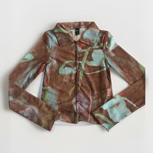 Dazy Abstract Print Sheer Long Sleeve Retro Top Size Small